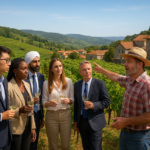 Grupo degustando vino en viñedo rural
