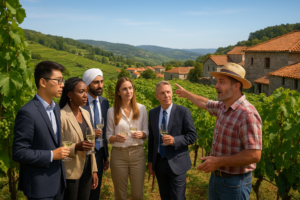 Grupo degustando vino en viñedo rural