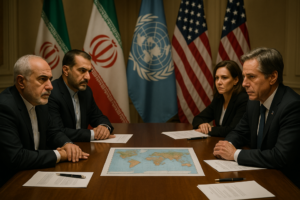 Reunión diplomática tensa con banderas internacionales