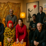 Grupo de artistas en estudio con obras contemporáneas