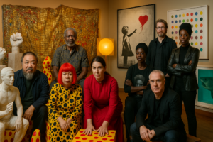 Grupo de artistas en estudio con obras contemporáneas