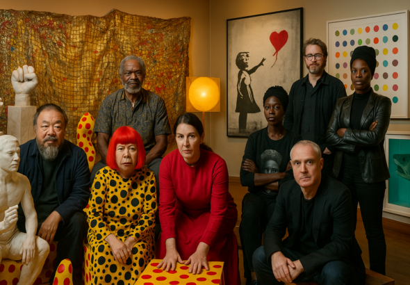 Grupo de artistas en estudio con obras contemporáneas