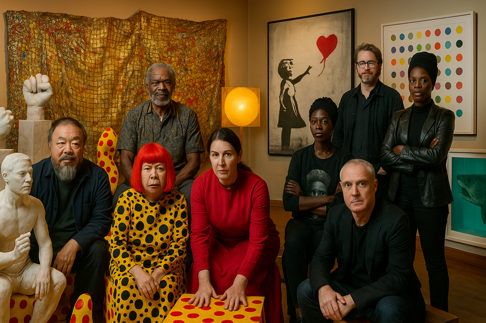 Grupo de artistas en estudio con obras contemporáneas